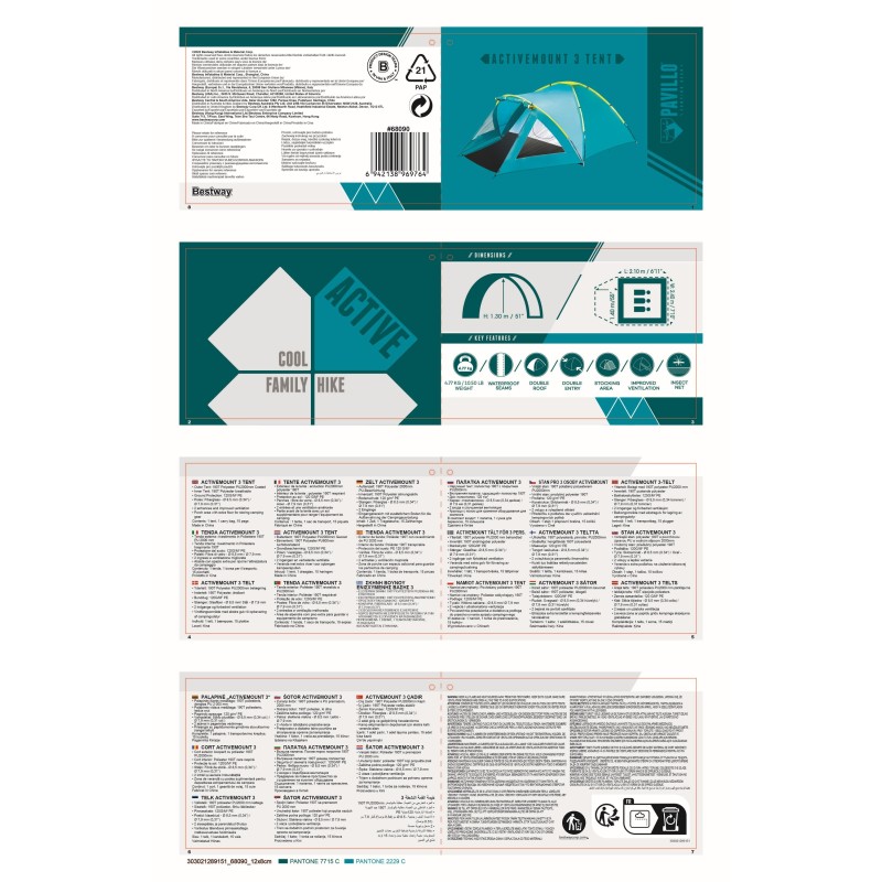 Tente de camping 3 places Active Mount 3 Bestway (210 + 140) x 240 x 130 cm