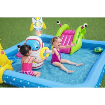 Aire de jeux Little Astronaut™, 228 x 206 x 84 cm, toboggan, punching-ball, jeux d'anneaux, 2 frisbee