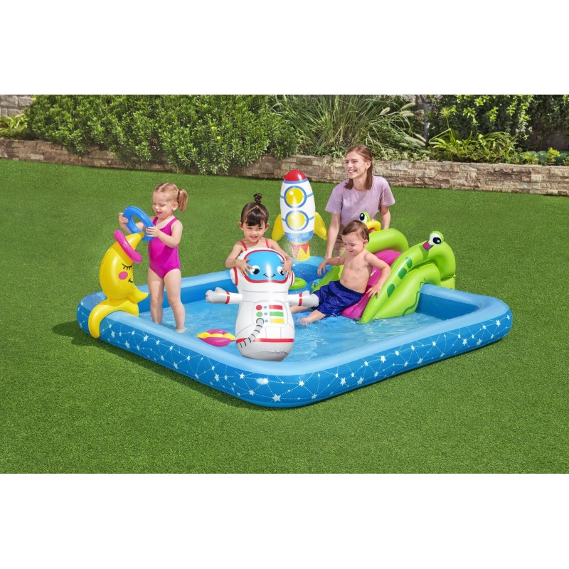 Aire de jeux Little Astronaut™, 228 x 206 x 84 cm, toboggan, punching-ball, jeux d'anneaux, 2 frisbee