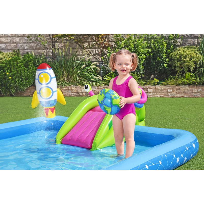 Aire de jeux Little Astronaut™, 228 x 206 x 84 cm, toboggan, punching-ball, jeux d'anneaux, 2 frisbee