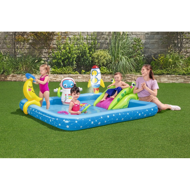 Aire de jeux Little Astronaut™, 228 x 206 x 84 cm, toboggan, punching-ball, jeux d'anneaux, 2 frisbee