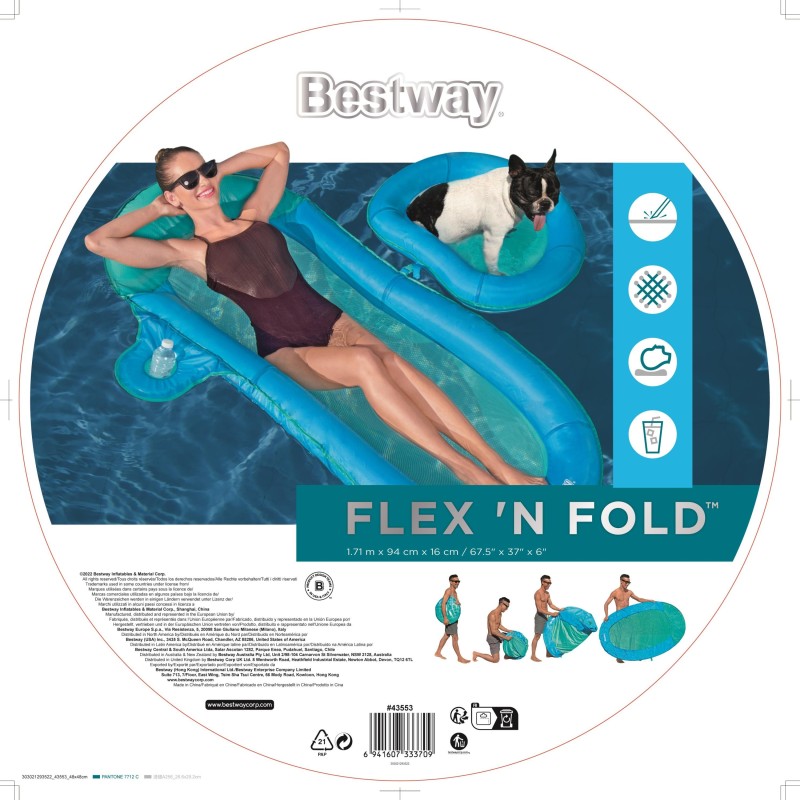 Matelas Flex'N'Fold™ 171 x 94 x 16 cm, 1 adulte + 1 animal, 130 + 10 kg, porte gobelet, coussin intégré, fond maille