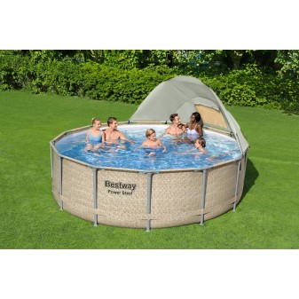 Piscine hors sol ronde Power Steel avec auvent 396x107cm rotin beige