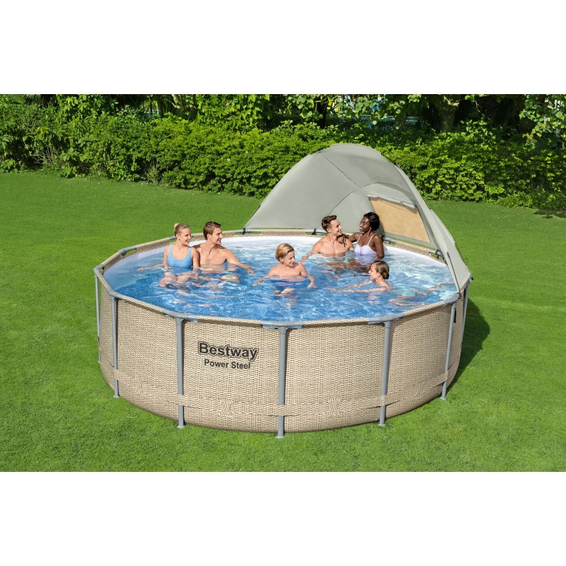 Piscine hors sol ronde Power Steel avec auvent 396x107cm rotin beige