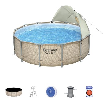 Piscine hors sol ronde Power Steel avec auvent 396x107cm rotin beige