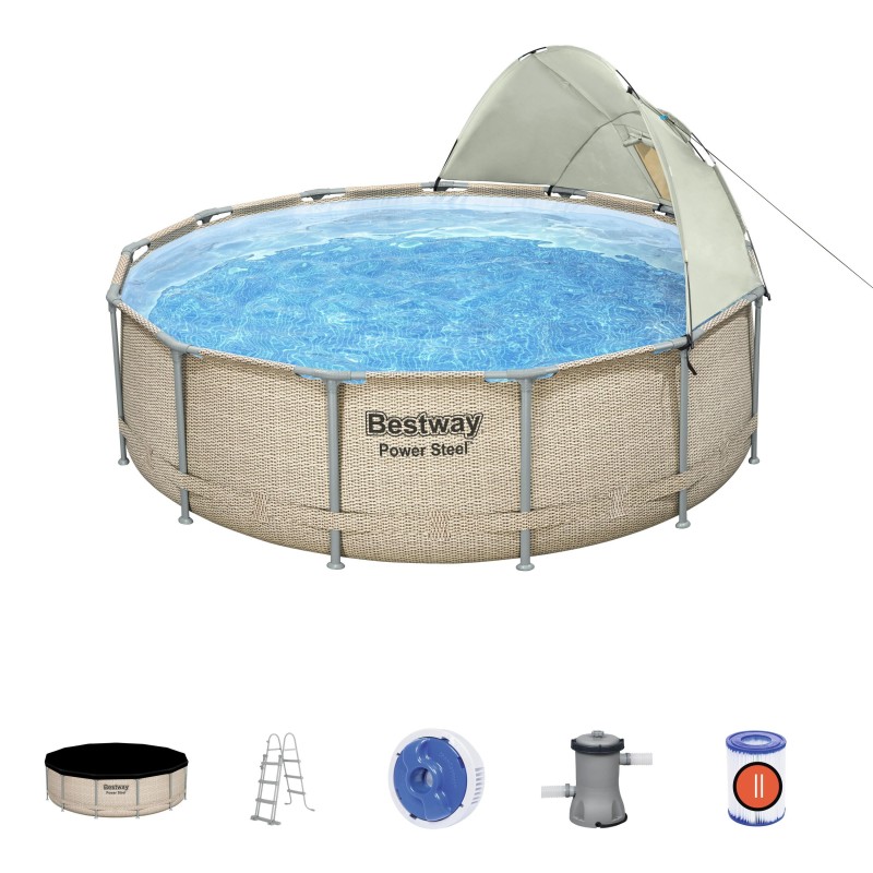 Piscine hors sol ronde Power Steel avec auvent 396x107cm rotin beige