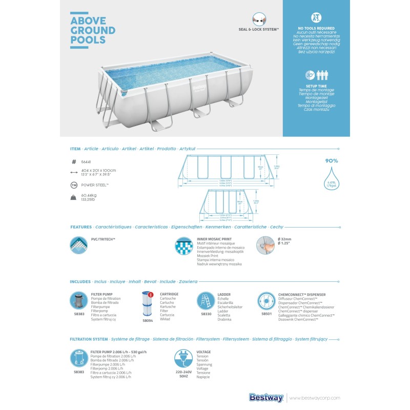 Piscine hors sol rectangle Power Steel gris clair 404x  201 x 100cm