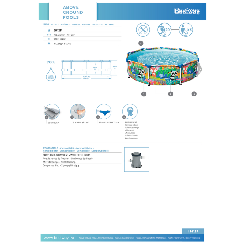 Piscine hors sol - Ronde - Steel Pro - Motif panda - 274 x 66 cm
