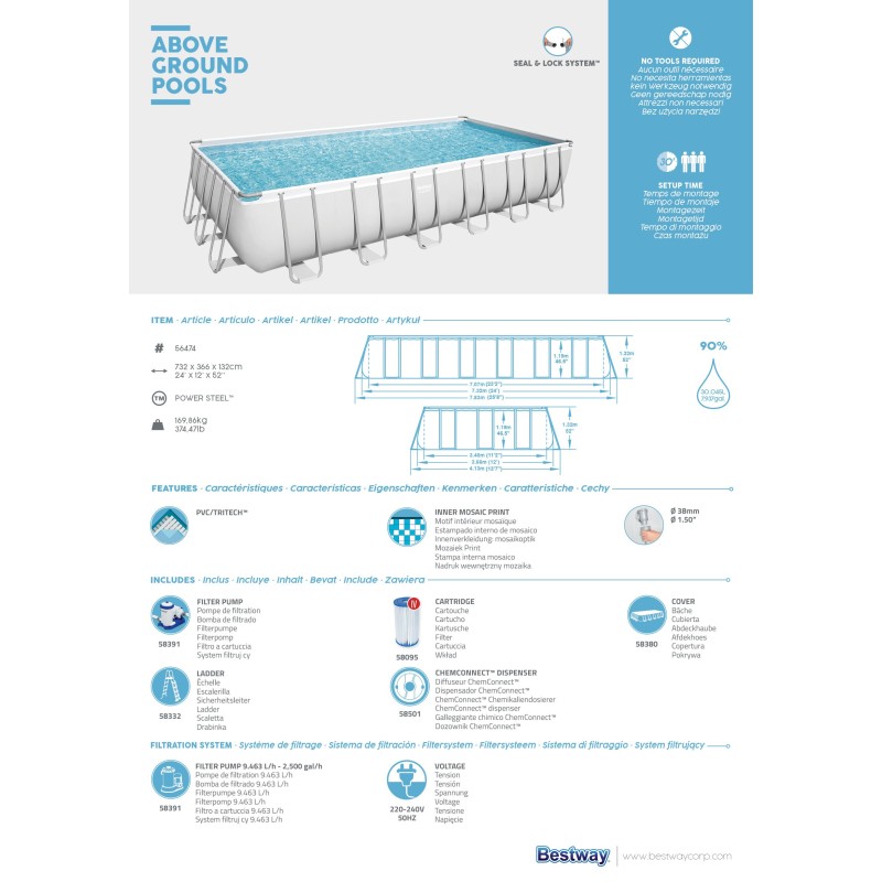 Piscine hors sol rectangle Power Steel 732 x 366 x 132 cm gris clair Piscine hors sol rectangle Power Steel 732 x 366 x 132 cm gris clair