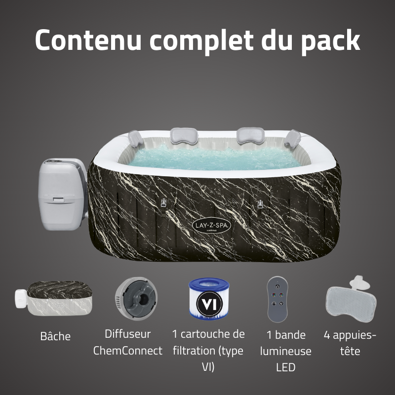 Spa gonflable carré Lay-Z-Spa Hawaii Smart Luxe AirJet 4-6 personnes WIFI Bestway