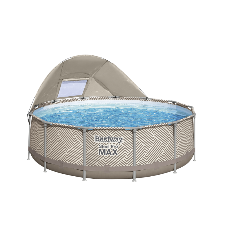 Piscine hors sol ronde Steel Pro Max™ 396 x 107 cm motif rayé avec filtre à cartouche, bâche, auvent, échelle Piscine hors sol ronde Steel Pro Max™ 396 x 107 cm motif rayé avec filtre à cartouche, bâche, auvent, échelle