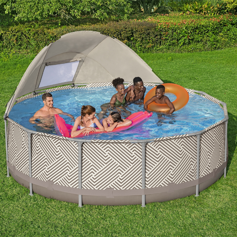 Piscine hors sol ronde Steel Pro Max™ 396 x 107 cm motif rayé avec filtre à cartouche, bâche, auvent, échelle Piscine hors sol ronde Steel Pro Max™ 396 x 107 cm motif rayé avec filtre à cartouche, bâche, auvent, échelle