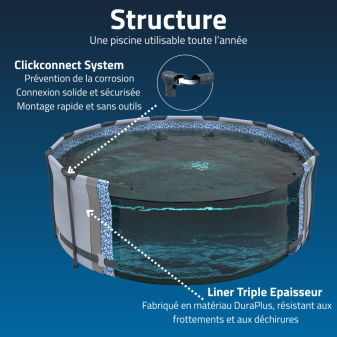 Piscine hors sol ronde Steel Pro Max™ 396 x 107 cm motif rayé avec filtre à cartouche, bâche, auvent, échelle Piscine hors sol ronde Steel Pro Max™ 396 x 107 cm motif rayé avec filtre à cartouche, bâche, auvent, échelle