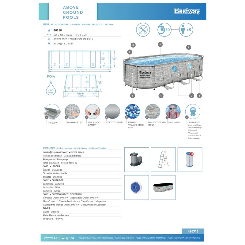Piscine hors sol ovale Power Steel Swim Vista pierres 549x274x122cm