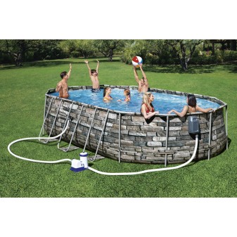 Piscine hors sol tubulaire ovale Bestway Power Steel Comfort Jet 610 x 366 x 122 cm décor pierres