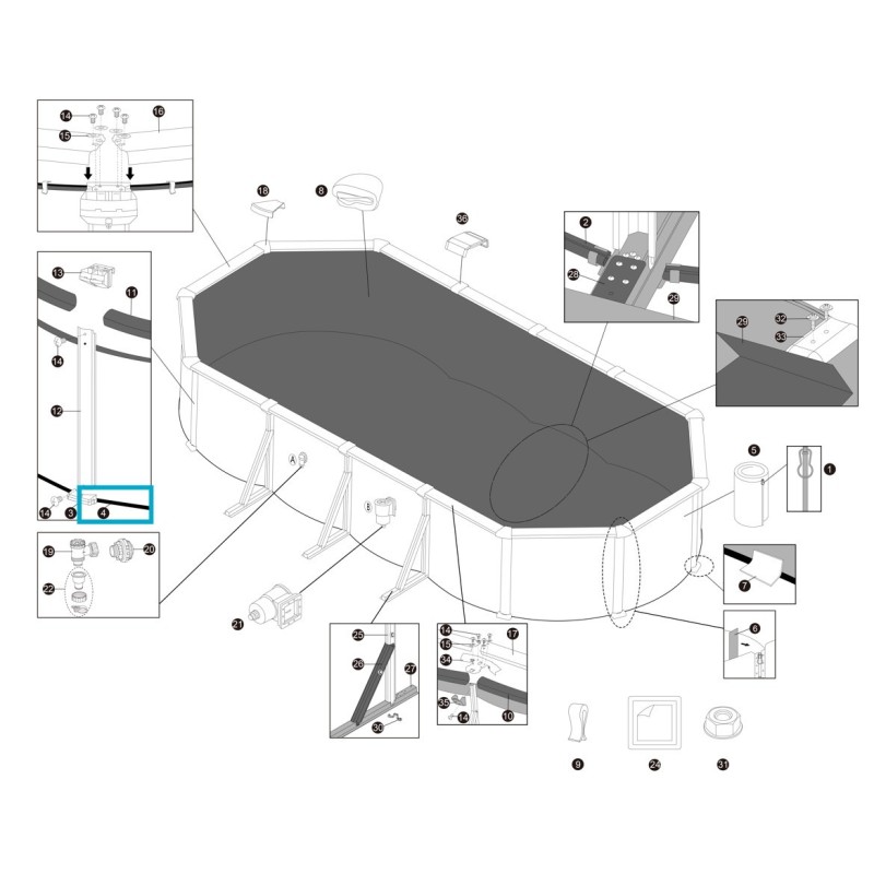 Rail de fond long en PVC pour piscine ovale Hydrium - 7,32 x 3,66 x 1,32 m