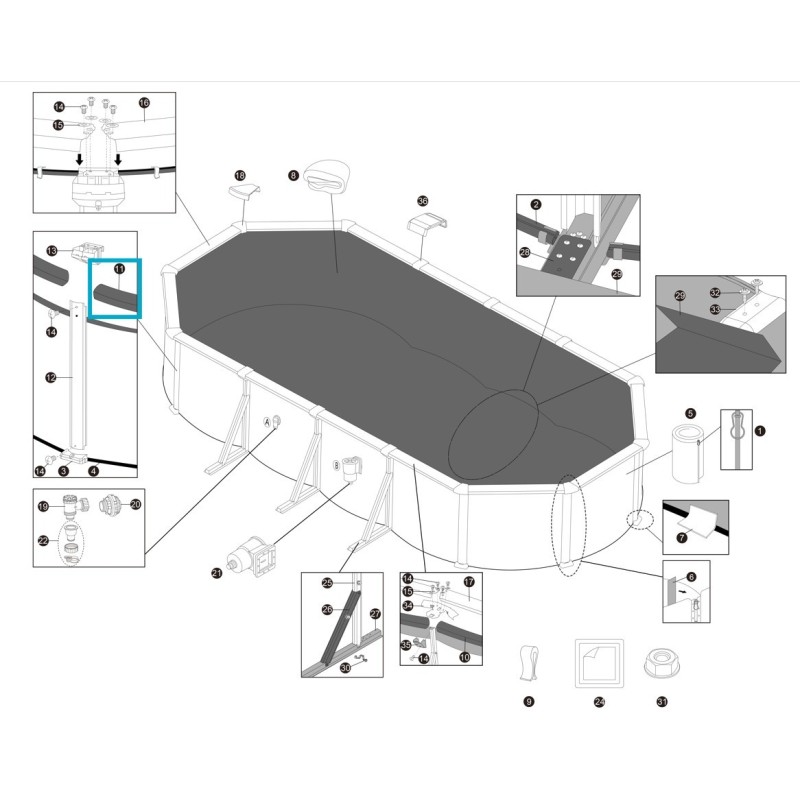 Rail supérieur long en PVC pour piscine ovale Hydrium - 7,32 x 3,66 x 1,32 m