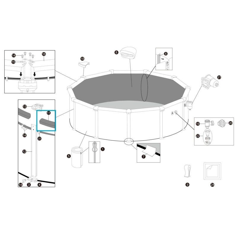 Rail supérieur en PVC pour piscine Hydrium ronde - 5,49 m x 1,32 m