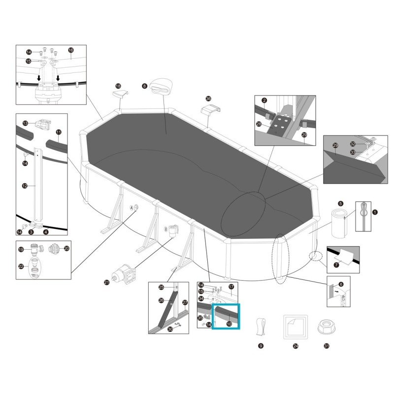 Rail supérieur court en PVC pour piscine ovale Hydrium - 7,32 x 3,66 x 1,32 m