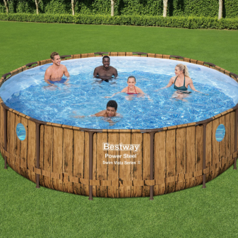 Piscine hors sol tubulaire ronde Bestway Power Steel Swim Vista 488 x 122 cm décor bois