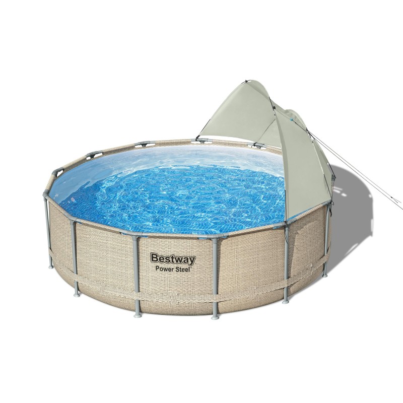 Piscine hors sol ronde Power Steel avec auvent 396x107cm rotin beige