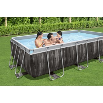 Piscine hors sol rectangle Power Steel™ 404 x 201 x 100 cm effet bois avec filtre à sable, échelle