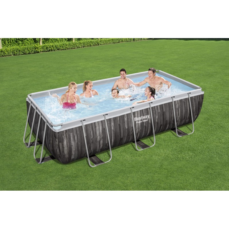 Piscine hors sol rectangle Power Steel™ 404 x 201 x 100 cm effet bois avec filtre à sable, échelle