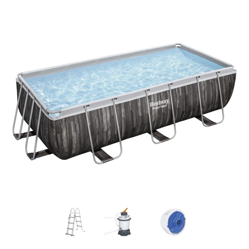 Piscine hors sol rectangle Power Steel™ 404 x 201 x 100 cm effet bois avec filtre à sable, échelle