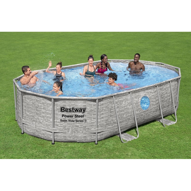 Piscine hors sol ovale Power Steel Swim Vista pierres 488x305x107cm