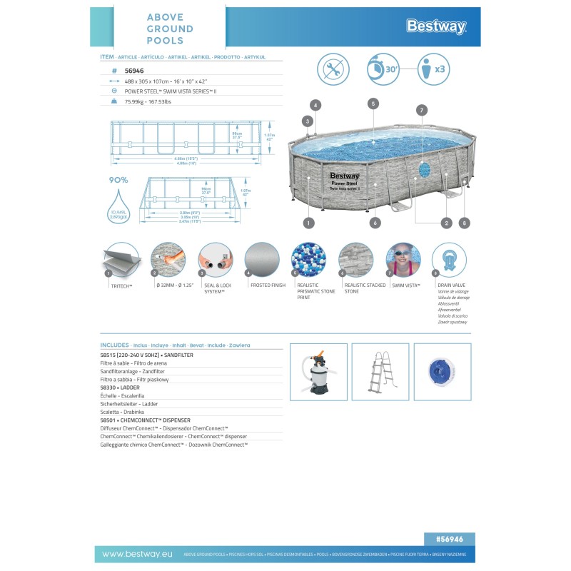 Piscine hors sol ovale Power Steel Swim Vista pierres 488x305x107cm