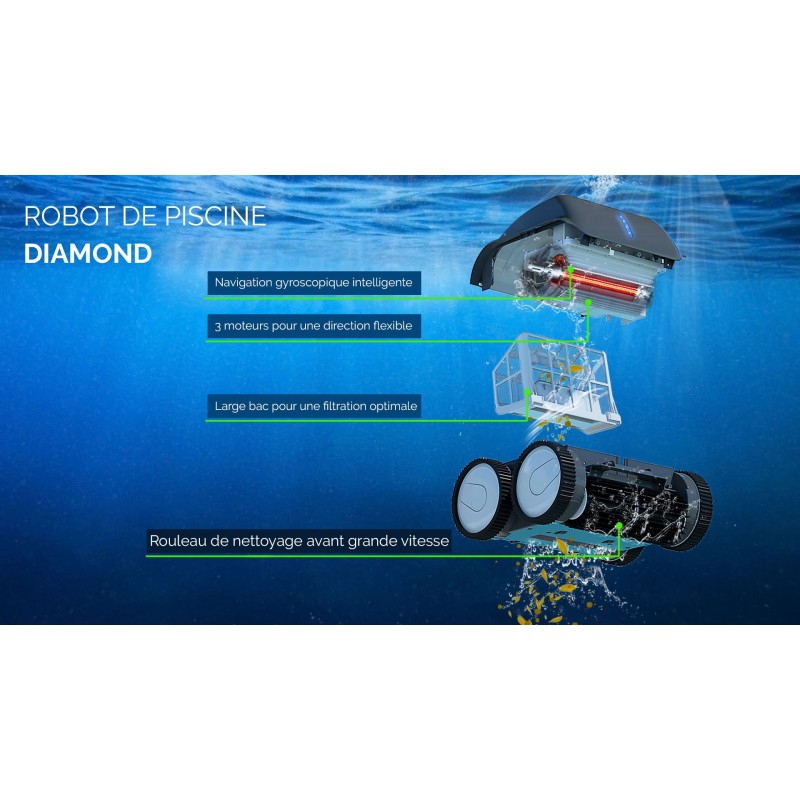 Robot piscine autonome Diamond - nettoyage fond et parois - 8x4m max Robot piscine autonome Diamond - nettoyage fond et parois - 8x4m max